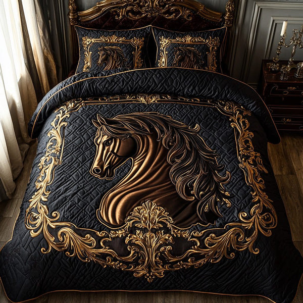 Noble Horse quilted 3-piece bedding set on a made bed in a rustic timber bedroom