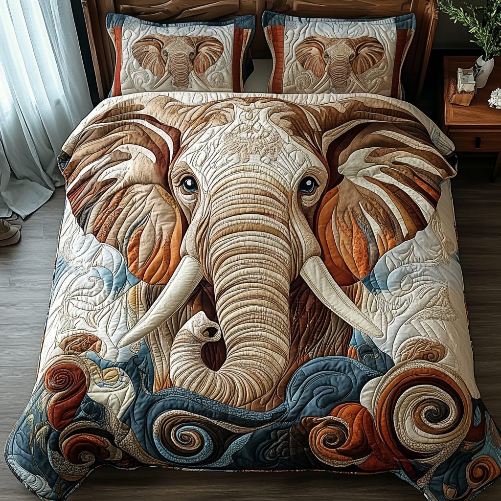 Noble Journey quilted 3-piece bedding set on a made bed with two matching pillow shams