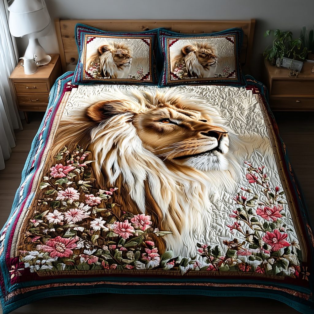Noble Lion quilted 3-piece bedding set on a made bed with two matching pillow shams