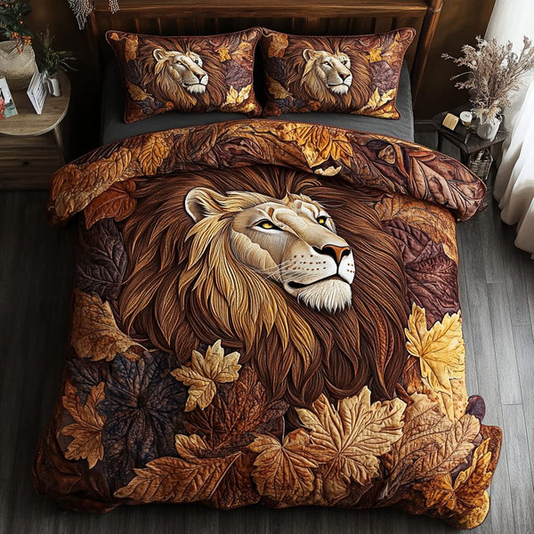 Noble Lion quilted 3-piece bedding set on a made bed with two matching pillow shams