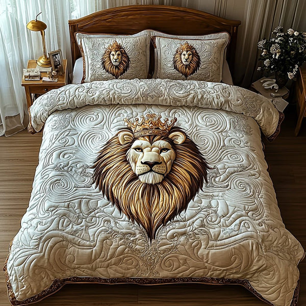 Noble Lion quilted 3-piece bedding set on a made bed with two matching pillow shams