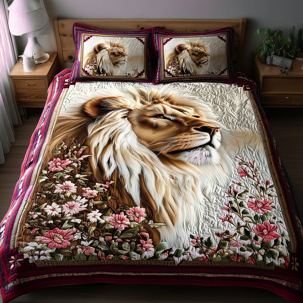 Noble Lion V2 quilted 3-piece bedding set on a made bed with two matching pillow shams