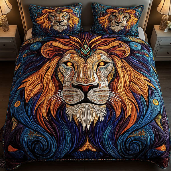 Noble Mane quilted 3-piece bedding set on a made bed with two matching pillow shams