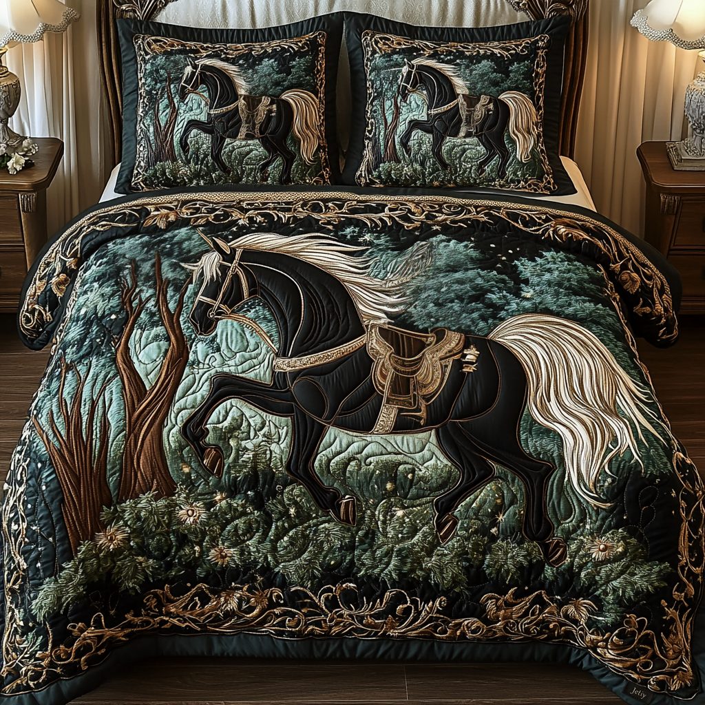 Noble Nights quilted 3-piece bedding set on a made bed with two matching pillow shams