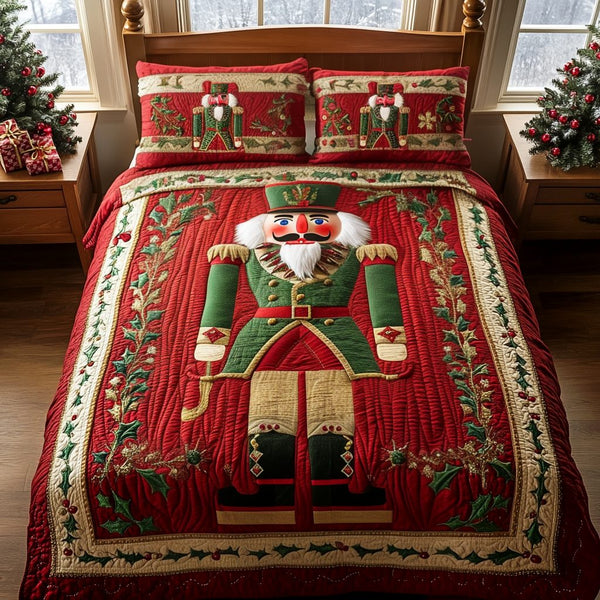 Noble Nutcracker Knight quilted 3-piece bedding set on a made bed in a winter-styled bedroom