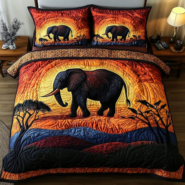 Noble Pachyderm quilted 3-piece bedding set on a made bed with two matching pillow shams