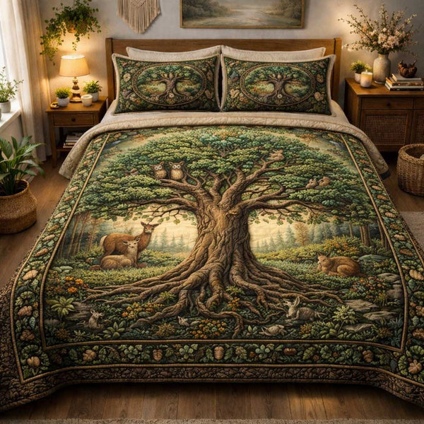 Noble Roots quilted 3-piece bedding set on a made bed with two matching pillow shams