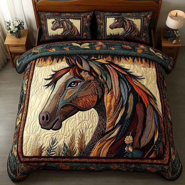 Noble Steed quilted 3-piece bedding set on a made bed with two matching pillow shams