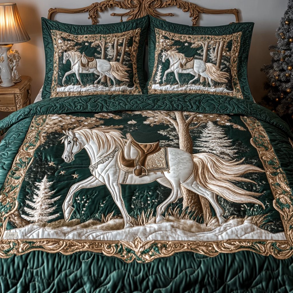 Noble Steed quilted 3-piece bedding set on a made bed with two matching pillow shams