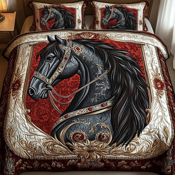 Noble Steed quilted 3-piece bedding set on a made bed with two matching pillow shams