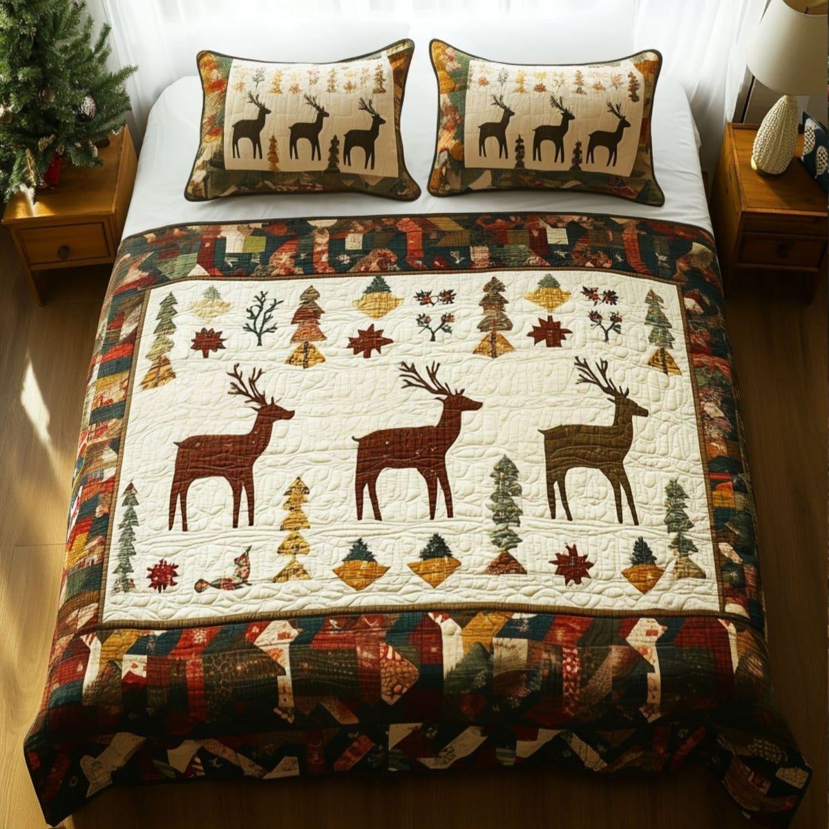 Noble Trails quilted 3-piece bedding set on a made bed with two matching pillow shams