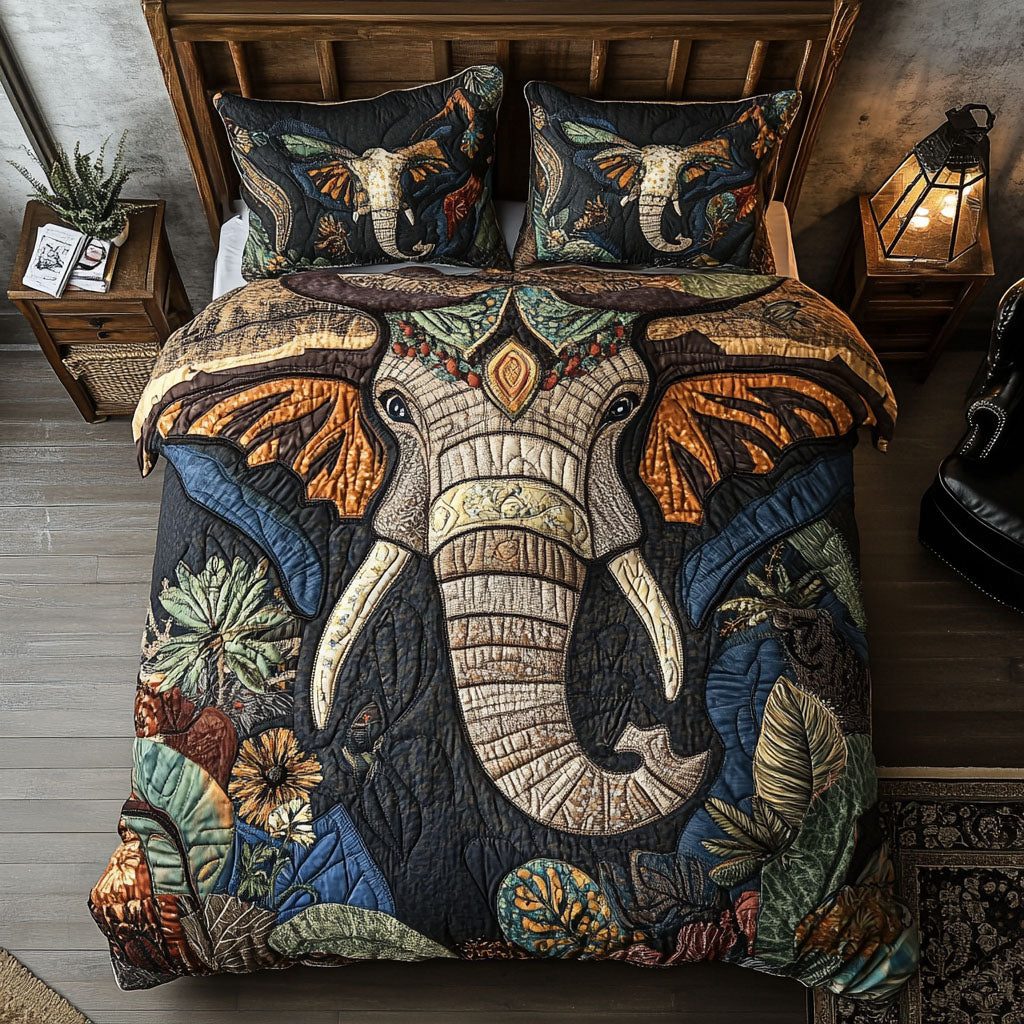 Noble Tusks quilted 3-piece bedding set on a made bed with two matching pillow shams