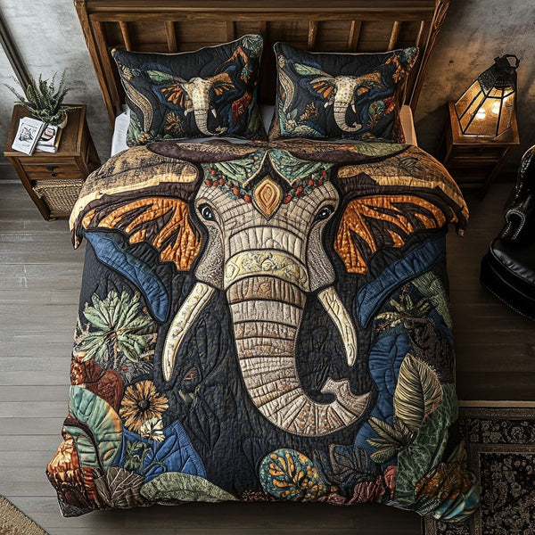 Noble Tusks quilted 3-piece bedding set on a made bed with two matching pillow shams