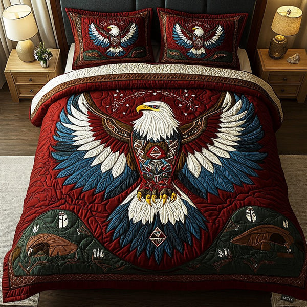 Noble Wings quilted 3-piece bedding set on a made bed with two matching pillow shams