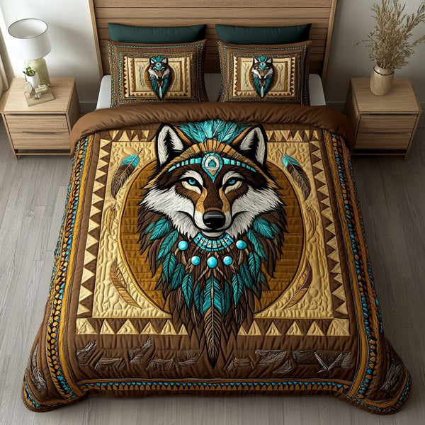 Noble Wolf quilted 3-piece bedding set on a made bed with two matching pillow shams