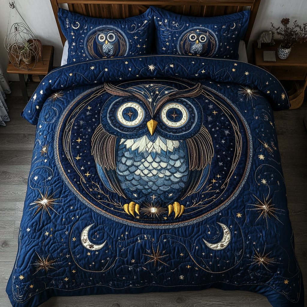 Nocturnal Eyes quilted 3-piece bedding set on a made bed with two matching pillow shams