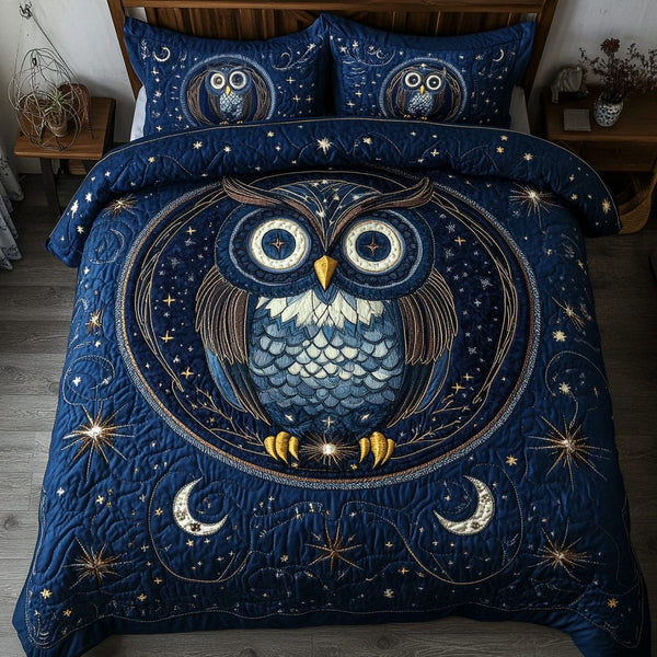 Nocturnal Eyes quilted 3-piece bedding set on a made bed with two matching pillow shams