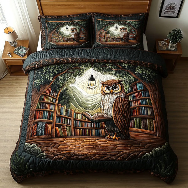 Nocturnal Glance quilted 3-piece bedding set on a made bed with two matching pillow shams