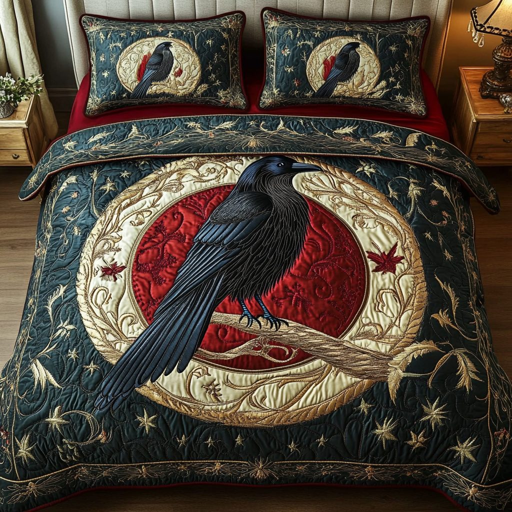 Nocturnal Grace quilted 3-piece bedding set on a made bed with two matching pillow shams