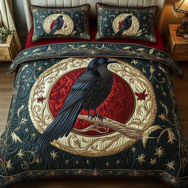 Nocturnal Grace quilted 3-piece bedding set on a made bed with two matching pillow shams