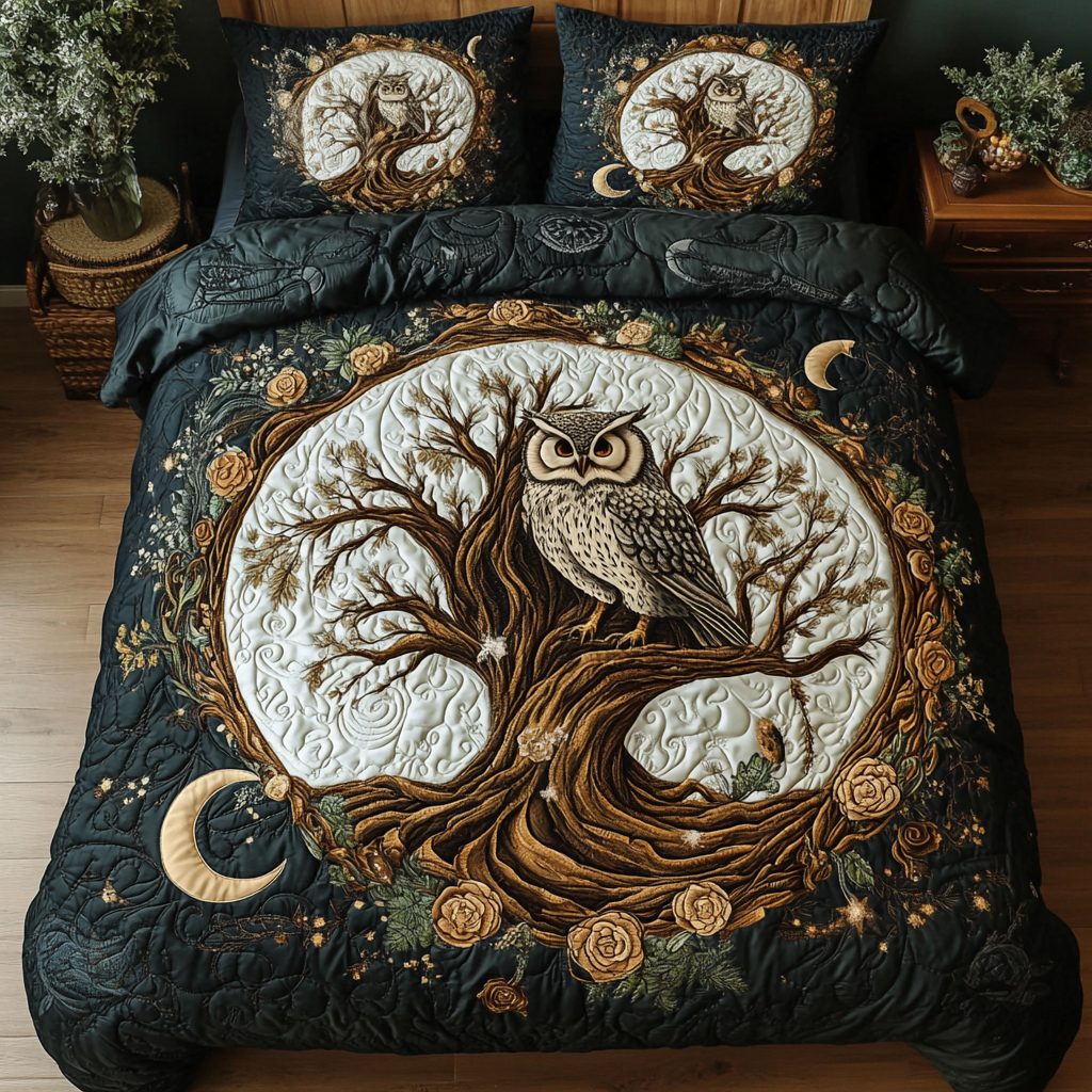 Nocturnal Grace quilted 3-piece bedding set on a made bed with two matching pillow shams
