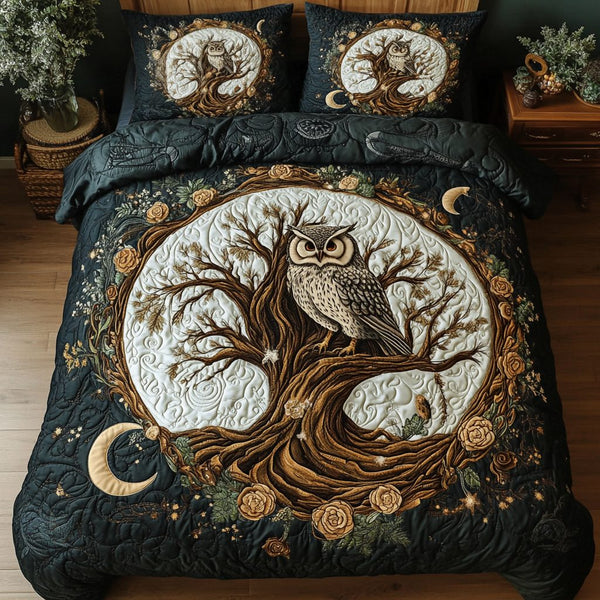 Nocturnal Grace quilted 3-piece bedding set on a made bed with two matching pillow shams