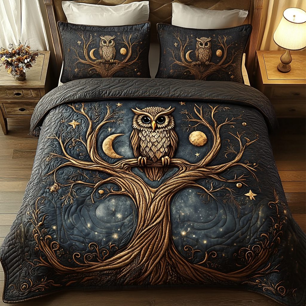 Nocturnal Grace quilted 3-piece bedding set on a made bed with two matching pillow shams