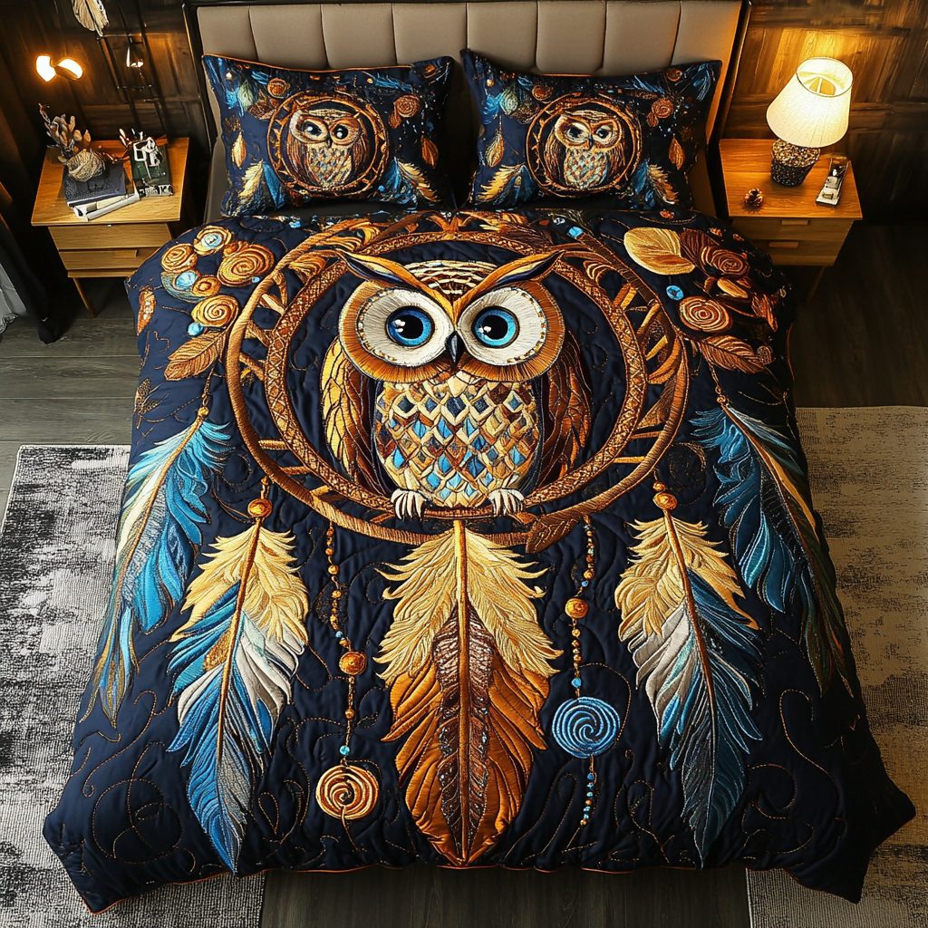 Nocturnal Guardian quilted 3-piece bedding set on a made bed with two matching pillow shams