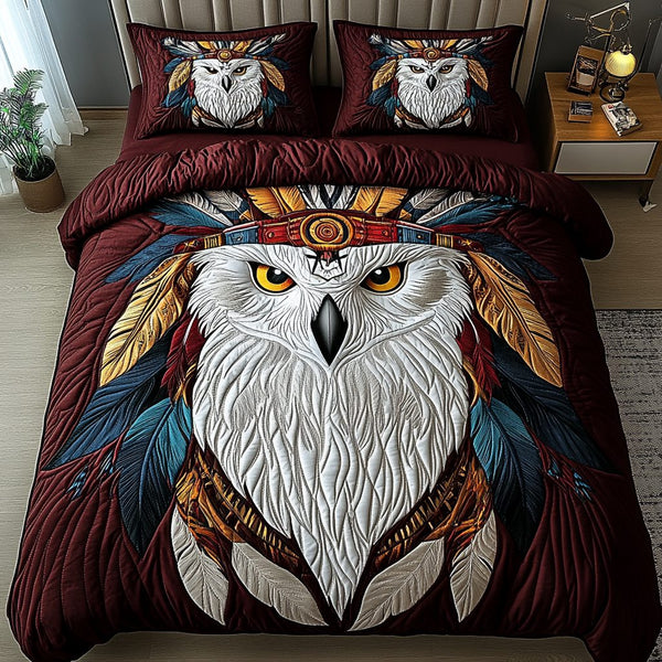 Nocturnal Guardian quilted 3-piece bedding set on a made bed with two matching pillow shams