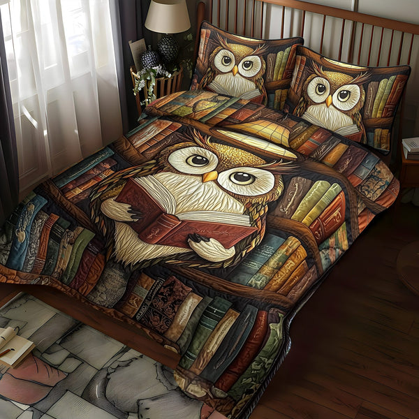 Nocturnal Knowledge quilted 3-piece bedding set on a made bed with two matching pillow shams