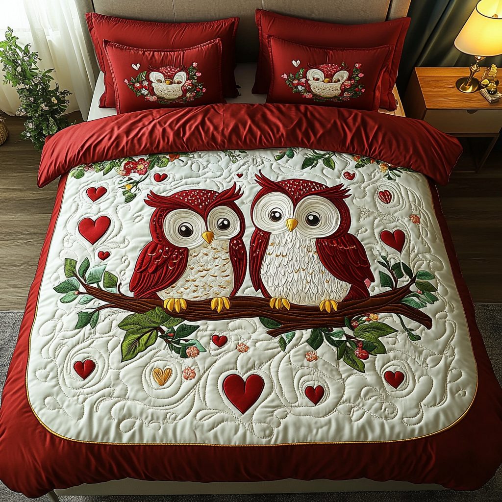 Nocturnal Romance quilted 3-piece bedding set on a made bed with two matching pillow shams