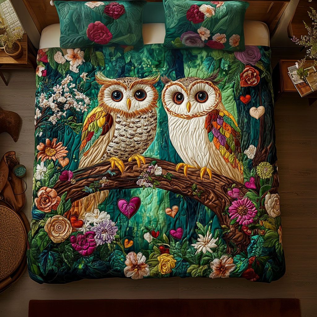 Nocturnal Romance quilted 3-piece bedding set on a made bed with two matching pillow shams