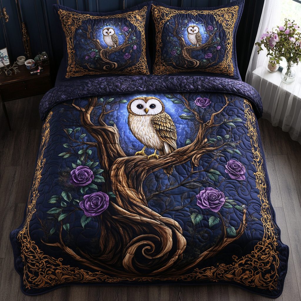 Nocturnal Whispers quilted 3-piece bedding set on a made bed with two matching pillow shams