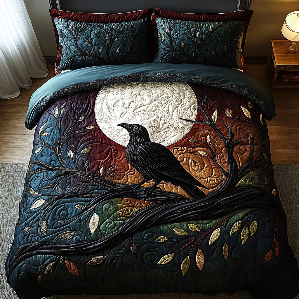 Nocturne Flight quilted 3-piece bedding set on a made bed with two matching pillow shams