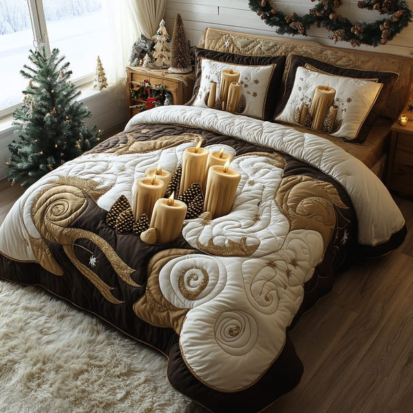 Noel Glow quilted 3-piece bedding set on a made bed in a winter-styled bedroom