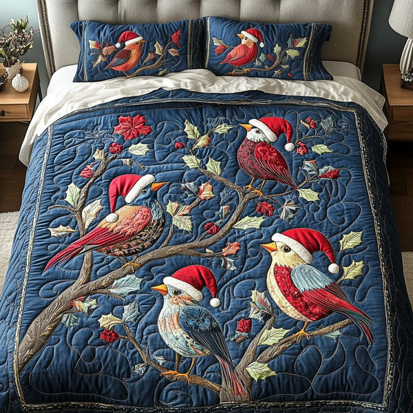 Noel Nests quilted 3-piece bedding set on a made bed in a winter-styled bedroom