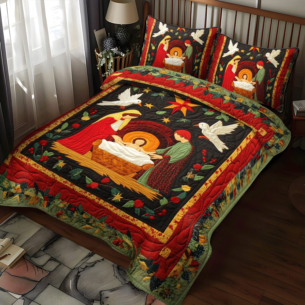 Noel Night Comfort quilted 3-piece bedding set on a made bed in a winter-styled bedroom