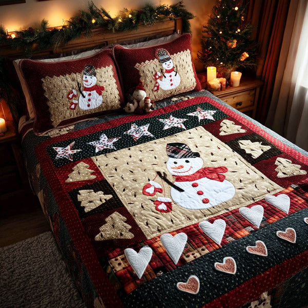 Noel Patchwork quilted 3-piece bedding set on a made bed in a winter-styled bedroom