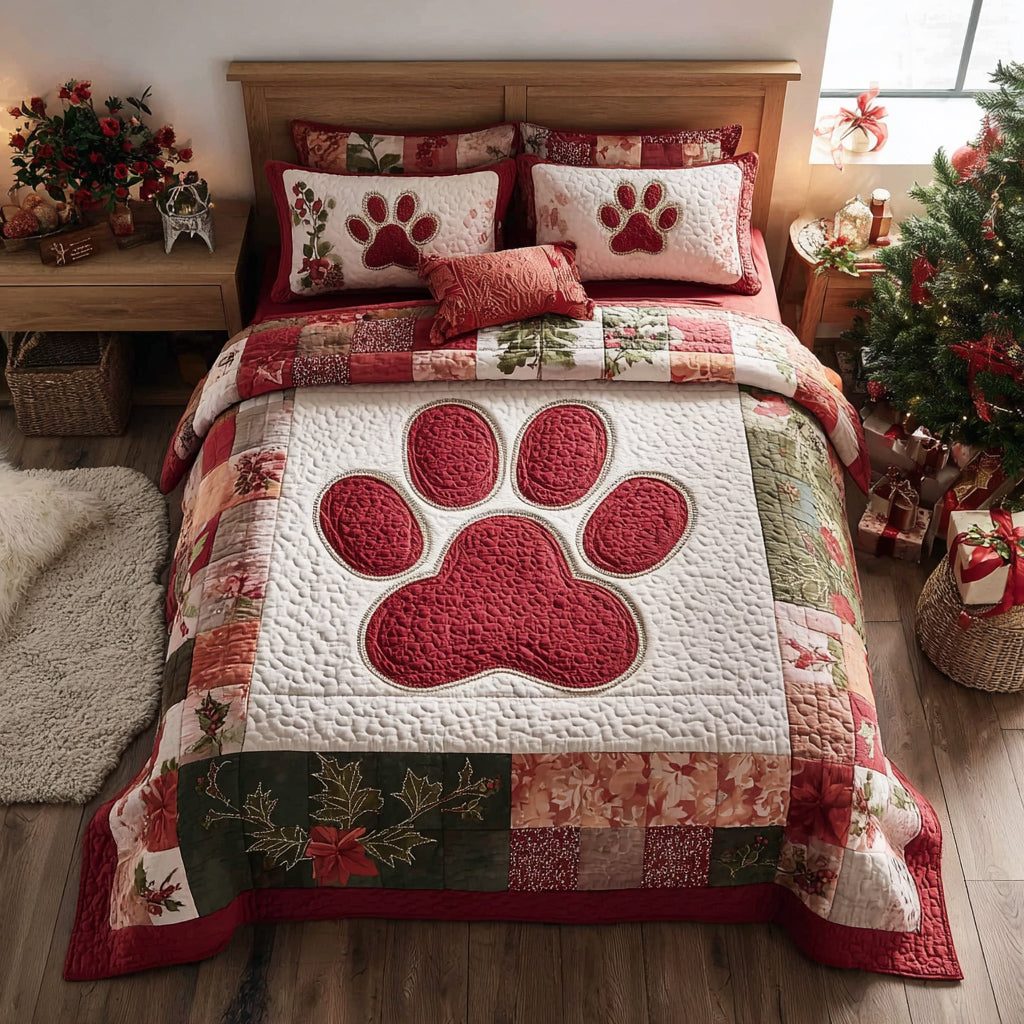 Noel Paw quilted 3-piece bedding set on a made bed in a winter-styled bedroom