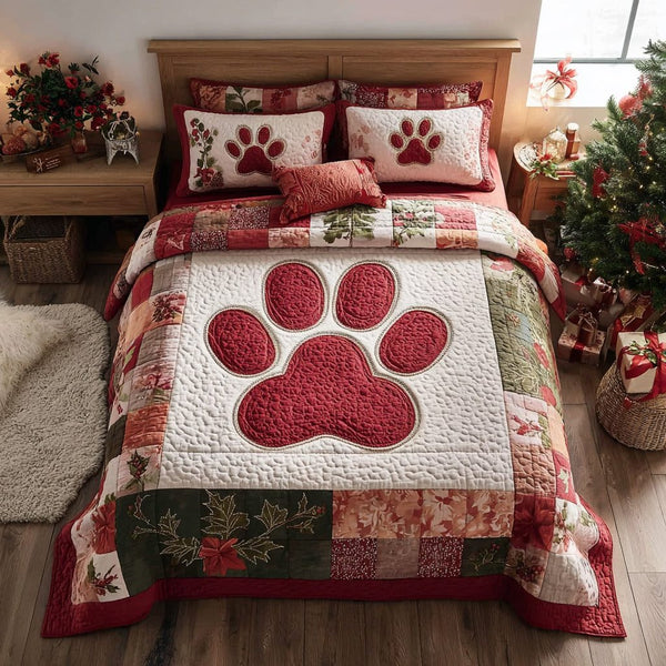 Noel Paw quilted 3-piece bedding set on a made bed in a winter-styled bedroom
