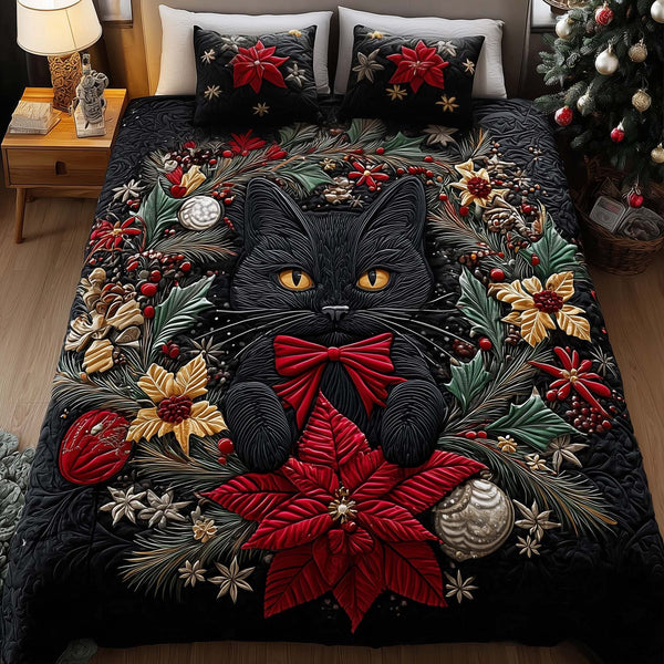 Noel Paws quilted 3-piece bedding set on a made bed in a winter-styled bedroom