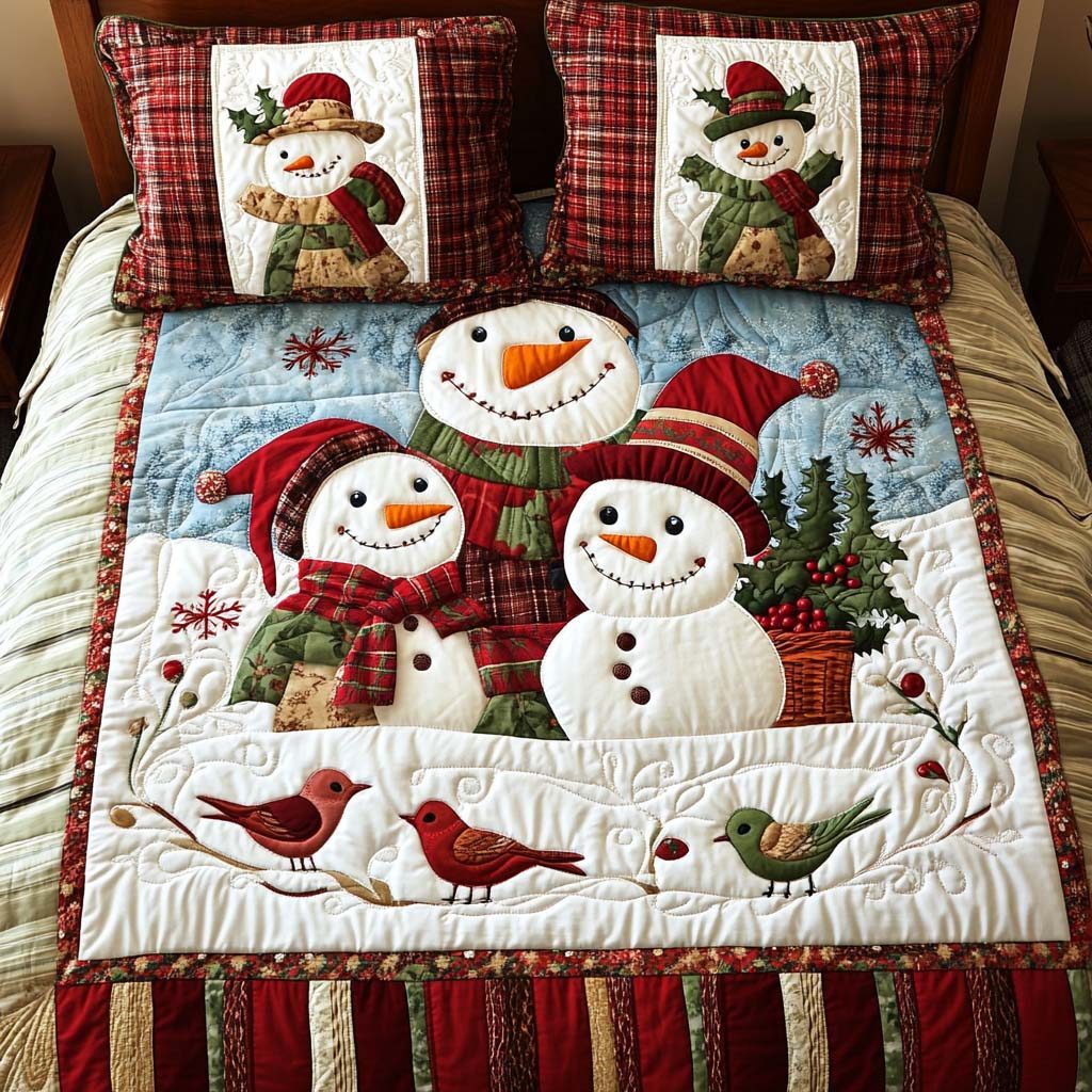 Noel Spirit quilted 3-piece bedding set on a made bed in a winter-styled bedroom