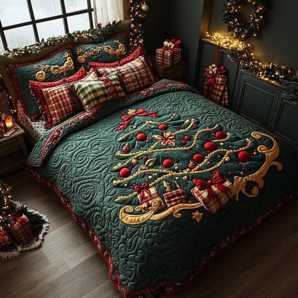 Noel Tree quilted 3-piece bedding set on a made bed in a winter-styled bedroom