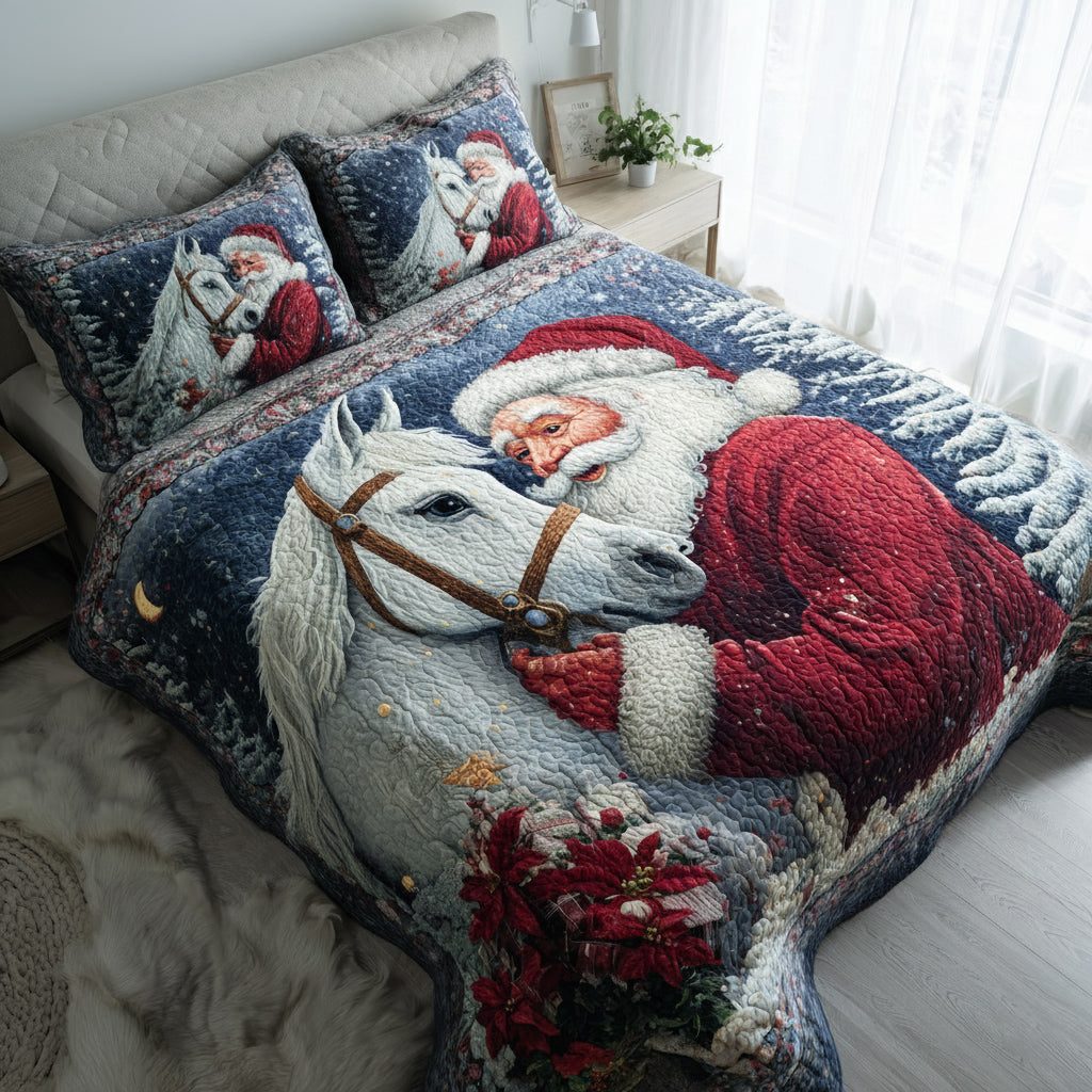 Noel White Horse quilted 3-piece bedding set on a made bed in a winter-styled bedroom