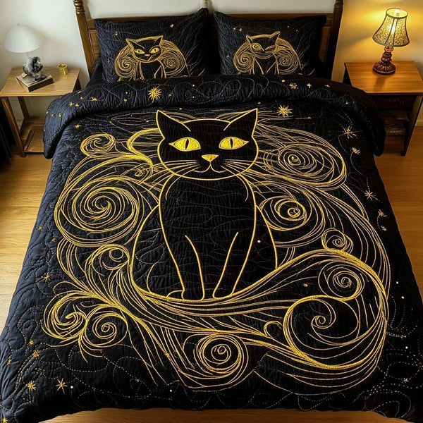 Noir Whiskers quilted 3-piece bedding set on a made bed with two matching pillow shams