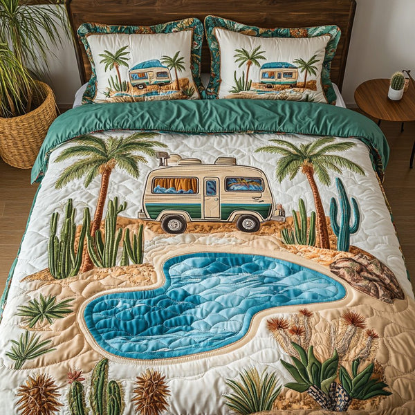 Nomad Nest quilted 3-piece bedding set on a made bed with two matching pillow shams