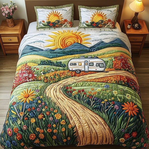 Nomad Path quilted 3-piece bedding set on a made bed with two matching pillow shams