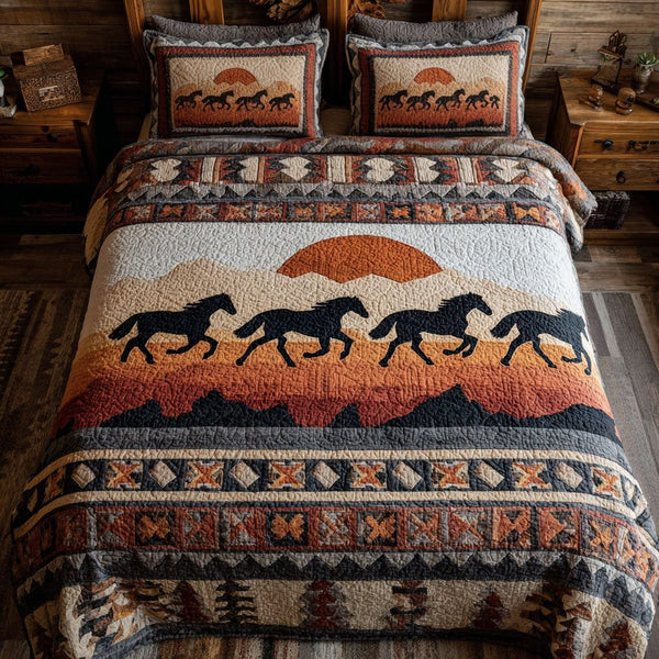 Nomad Soul quilted 3-piece bedding set on a made bed with two matching pillow shams