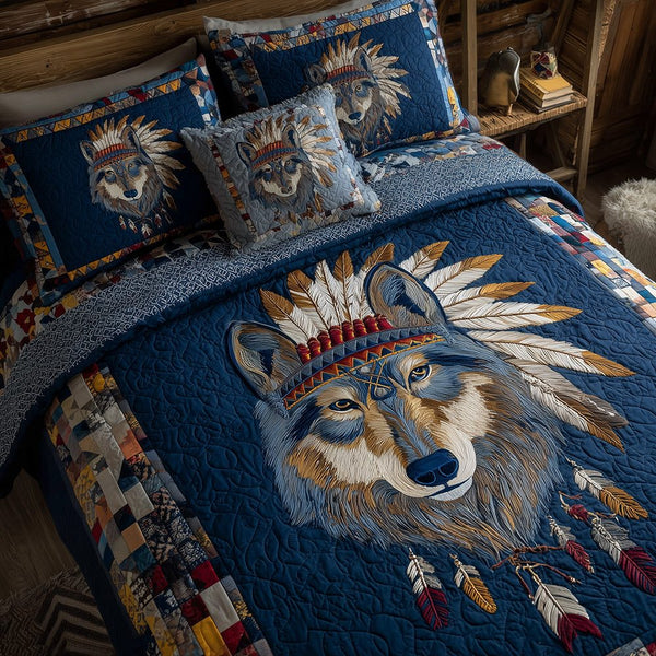 Nomad Soul Wolf quilted 3-piece bedding set on a made bed with two matching pillow shams