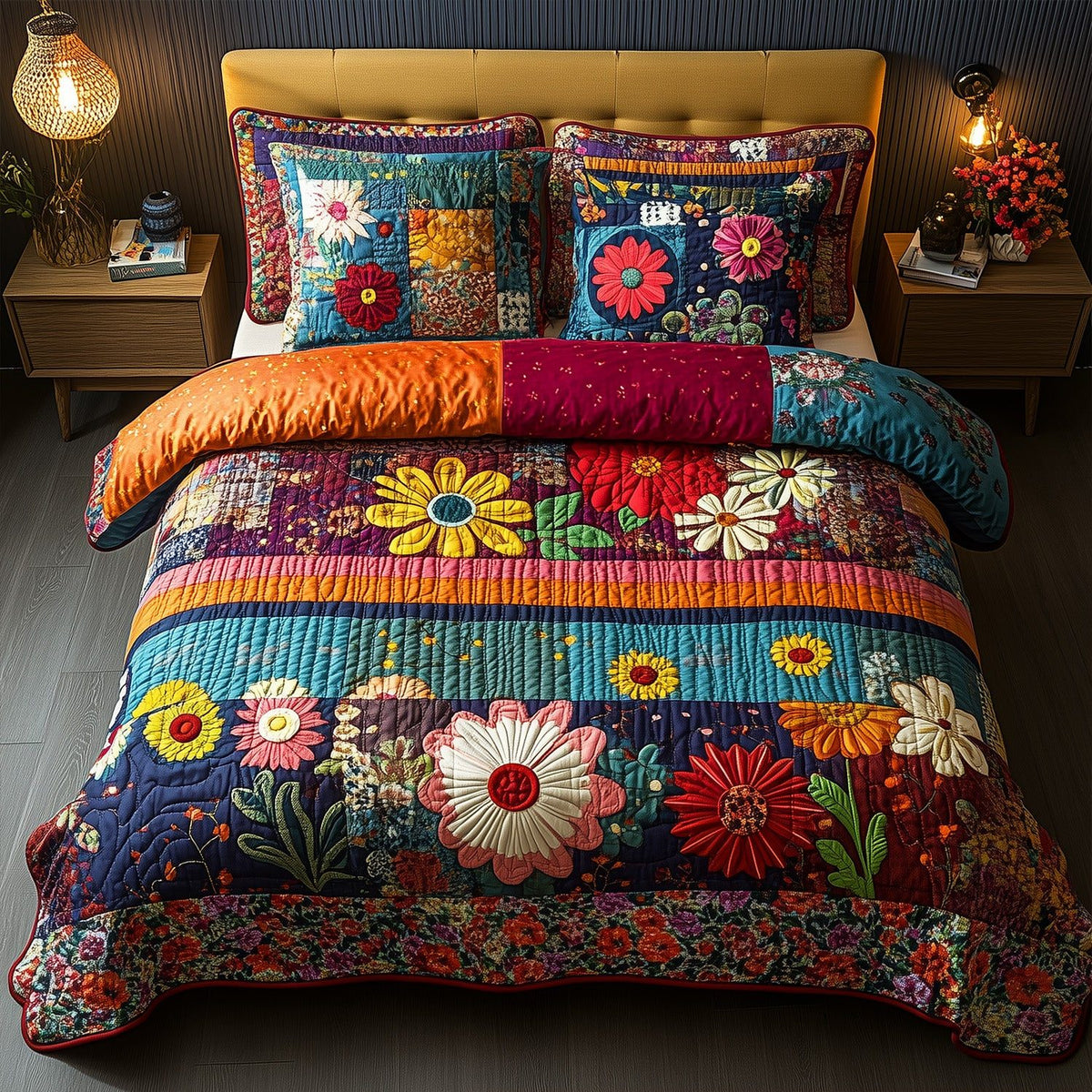Nomadic Dreams quilted 3-piece bedding set on a made bed with two matching pillow shams